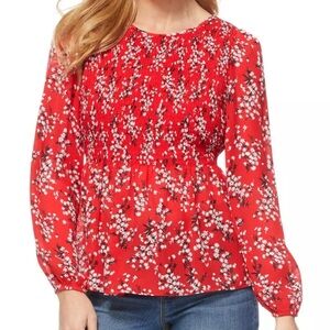 Scoop Brand Red Smocked Floral Blouse Size XXL